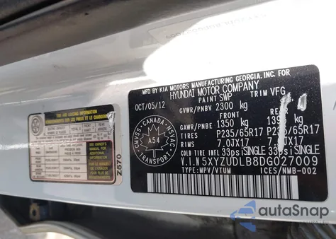 2013 Hyundai Santa Fe Sport 2.4 Premium из США, поврежденный, VIN 5XYZUDLB8DG027009